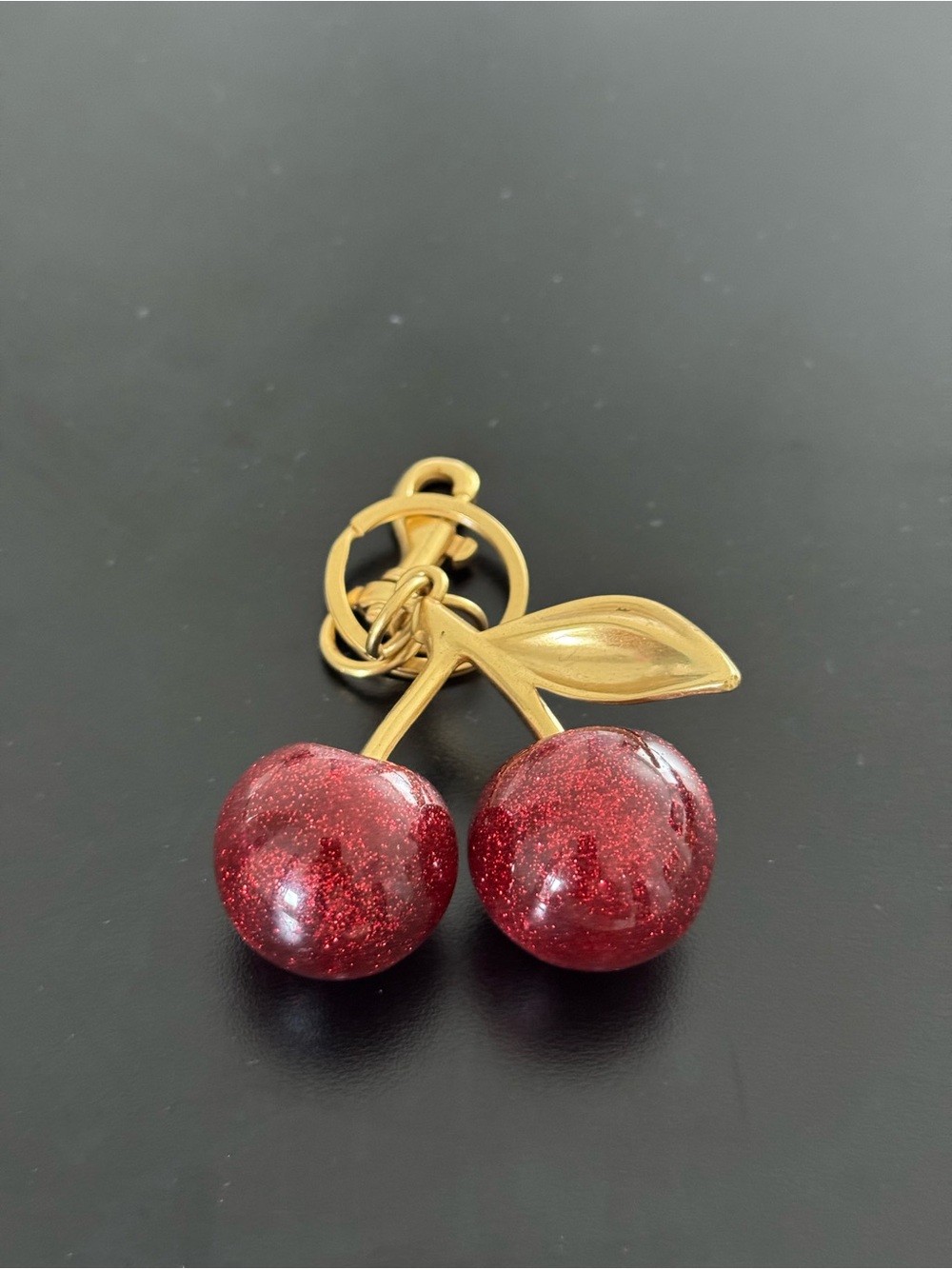 Gold-Tone Cherry Drop Keychain Pendant with Red Glitter Cherries